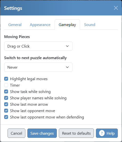 Gameplay tab of the settings dialog